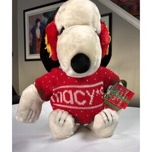 VTG SNOOPY Peanuts Plush Macys Red Christmas Sweater Woodstock Earmuffs 1972 tag